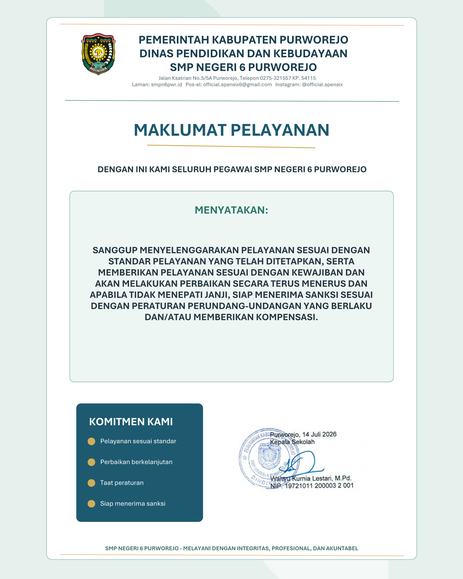 Deklarasikan Maklumat Pelayanan, SMP Negeri 6 Purworejo Tegaskan Komitmen Pelayanan Prima dan Akuntabel